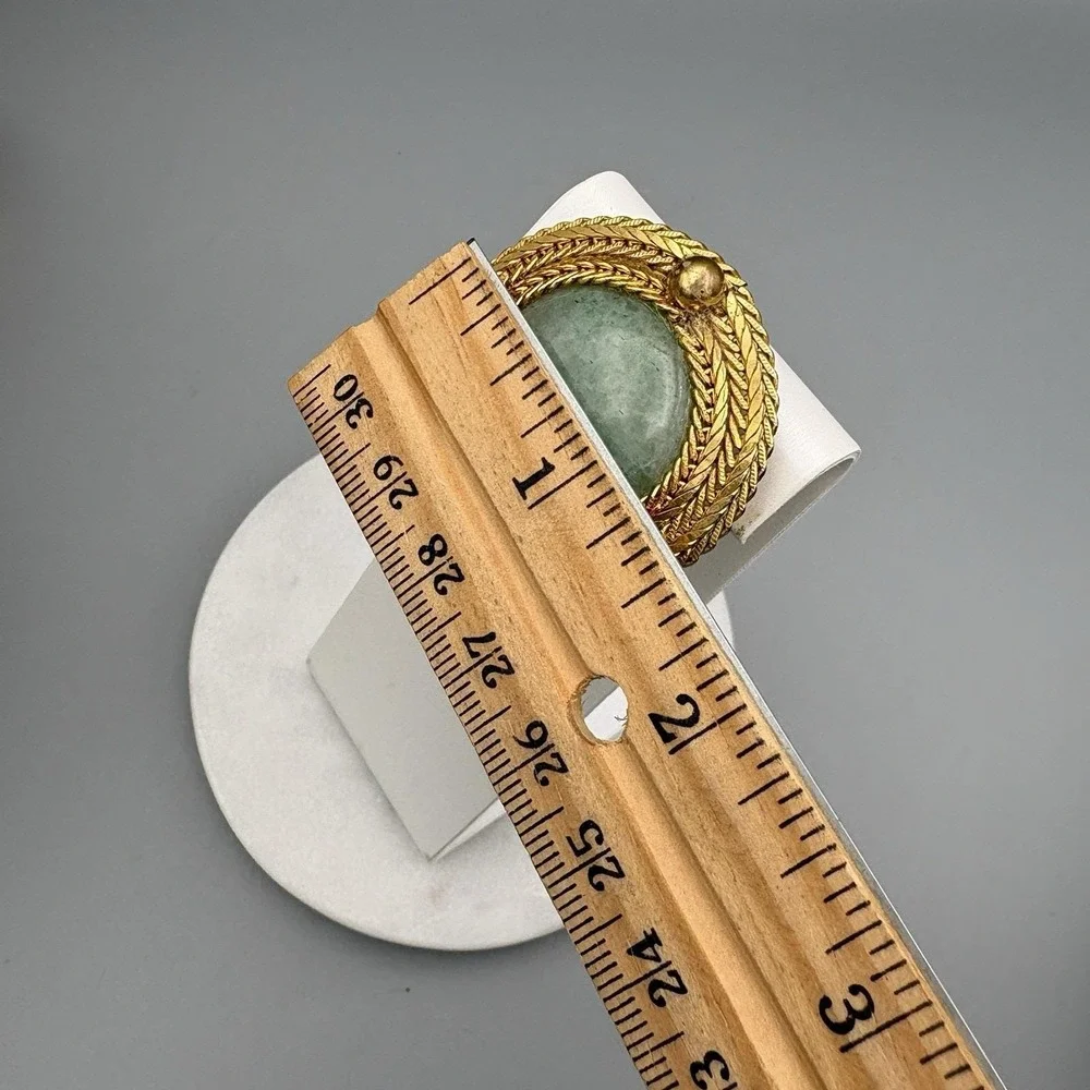 Vintage Jadeite Clip On Earrings Cabochon Braided Gold Tone Borders Statement